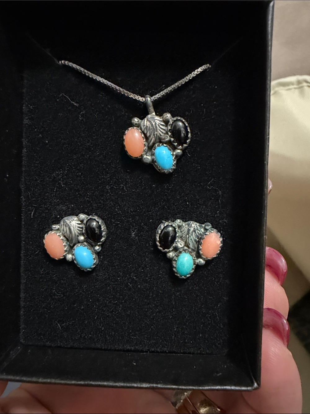 Sterling Silver Multistone Pendant and Earrings Set - Coral, Turquoise & Black